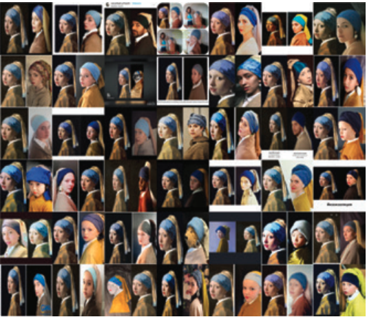 Images publiées sur Instagram avec le hashtag #gettymuseumchallenge représentant <i>La Jeune Fille à la perle</i> d'après Johannes Vermeer, c. 1665, Atlas du numérique, page 56 (détail) © médialab/Presses de sciences Po